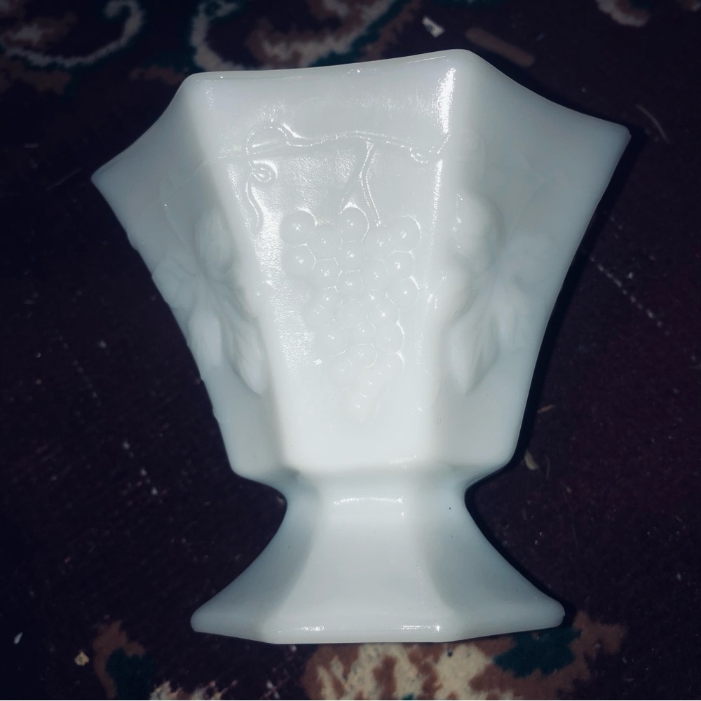 Vintage octagon milk glass compote with grapes and vines.